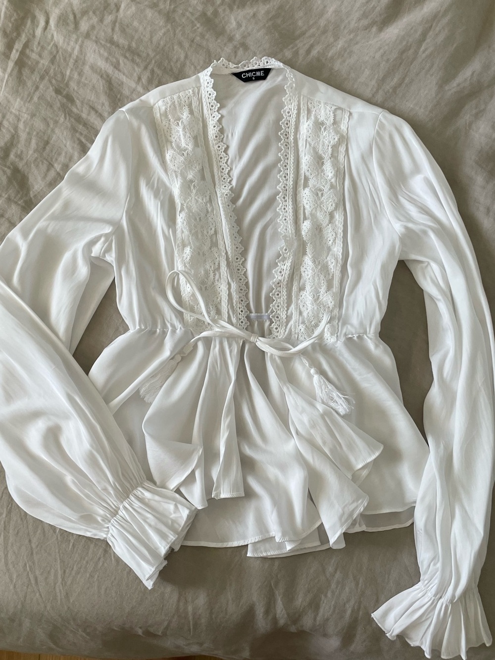 White Lace-Trim Tie-Front Blouse